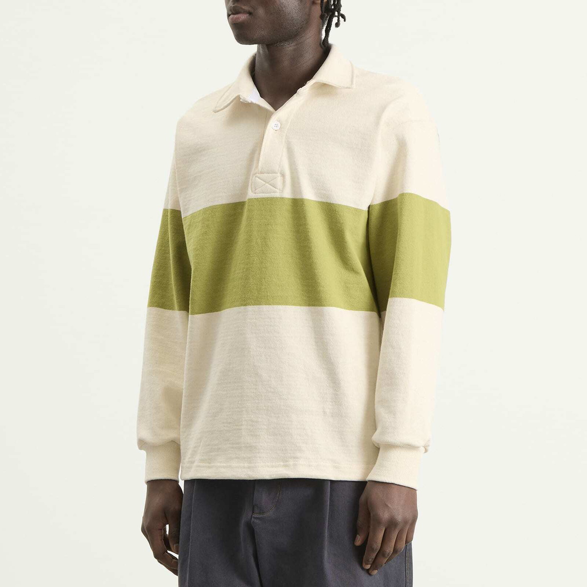 Café Mountain Men's Block Stripe Sportsman Shirt in Ecru/Kiwi