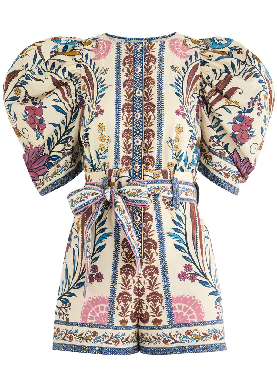 Farm Rio Romantic Lightness Printed Belted Cotton Playsuit Cream