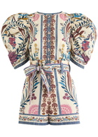 Farm Rio Romantic Lightness Printed Belted Cotton Playsuit Cream