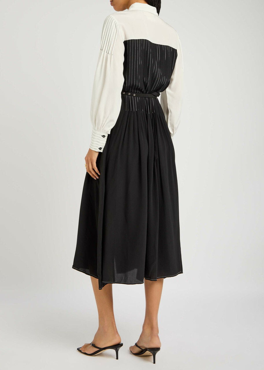 Lovebirds Zen Pleated Silk Midi Dress Black And White