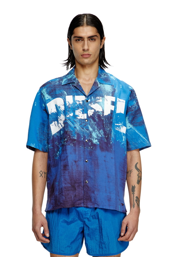 Photo: Diesel Printed beach shirt in linen blend - Out of water Mens in Blue