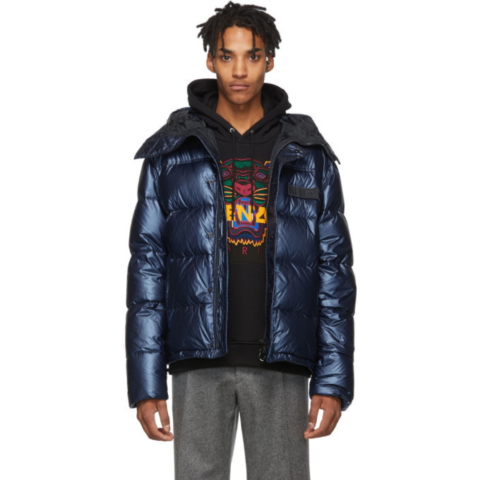 Photo: Kenzo Blue Down Metallic Hooded Jacket