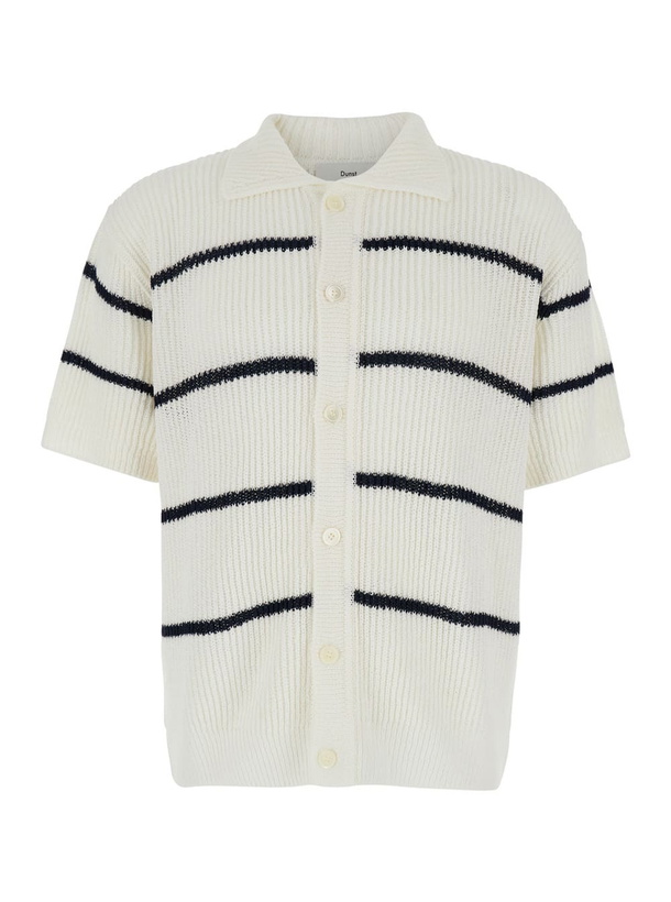 Photo: Dunst White Knitted Polo Shirt With All-over Striped Motif In Linen Blend Man
