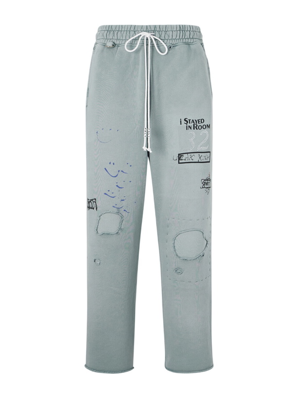 Photo: Paly Hollywood - Alta Cienega Distressed Embellished Cotton-Fleece Sweatpants - Blue