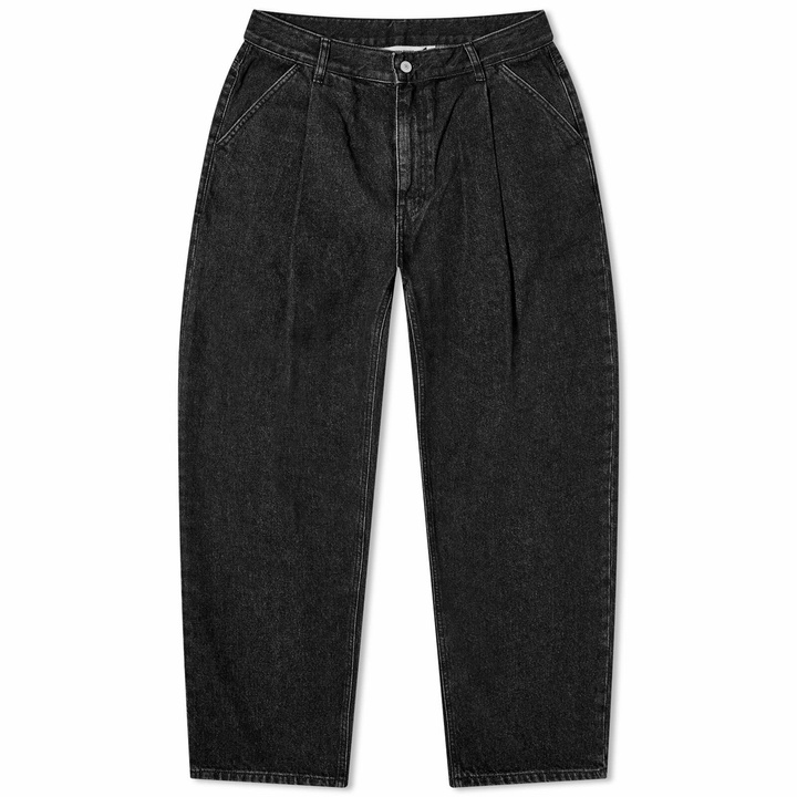 Photo: Uniform Bridge Men's Wide One Tuck Denim Pants in Black Washed