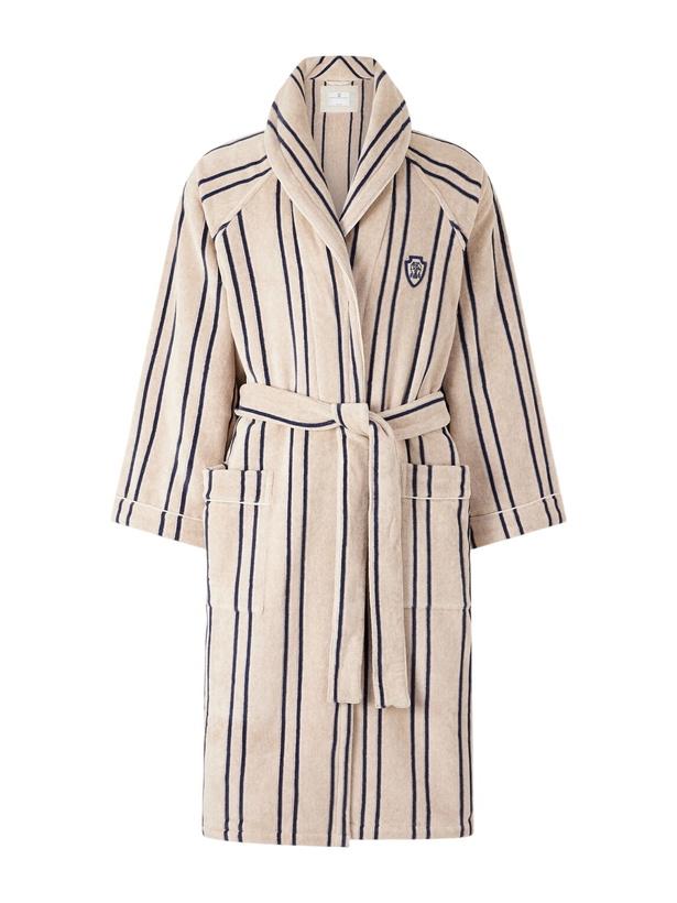 Photo: Brunello Cucinelli - Logo-Appliquéd Striped Cotton-Terry Robe - Neutrals