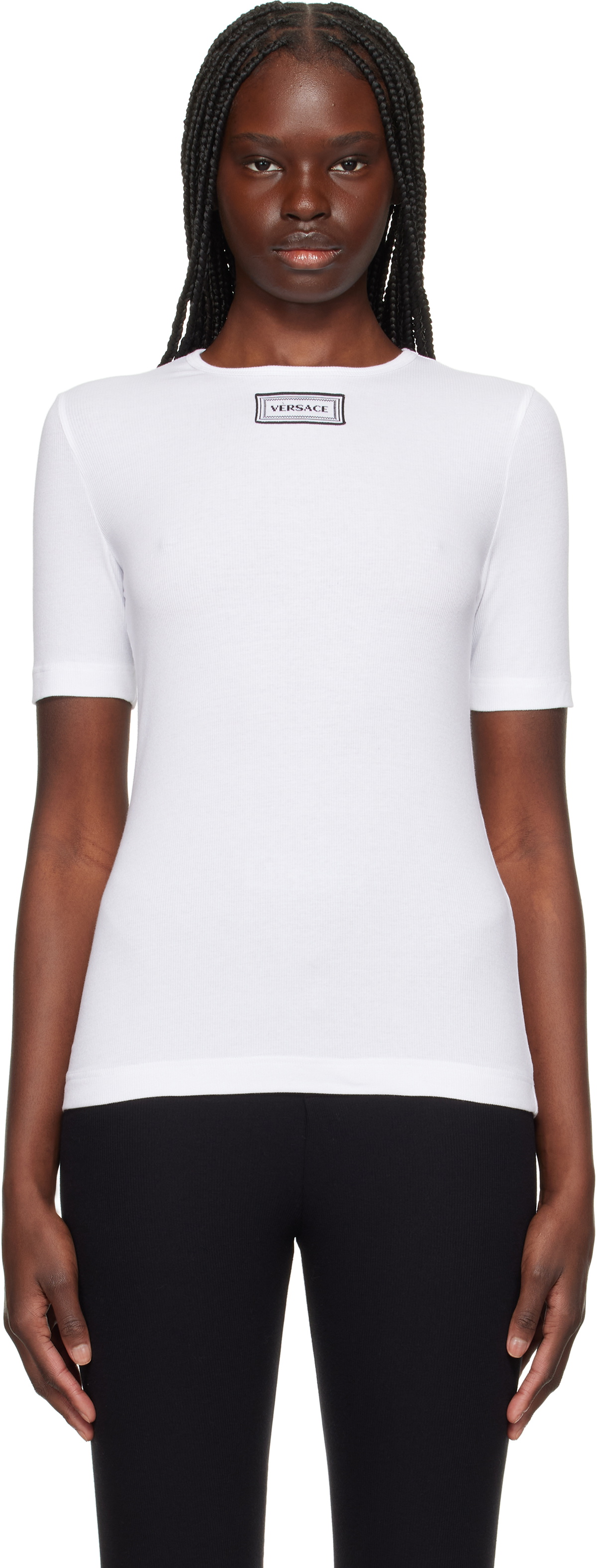 Versace Underwear White Rib & Embroidery Patch T-shirt