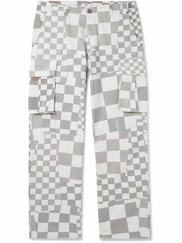 Photo: ERL - Straight-Leg Distressed Checked Cotton-Canvas Cargo Trousers - Gray