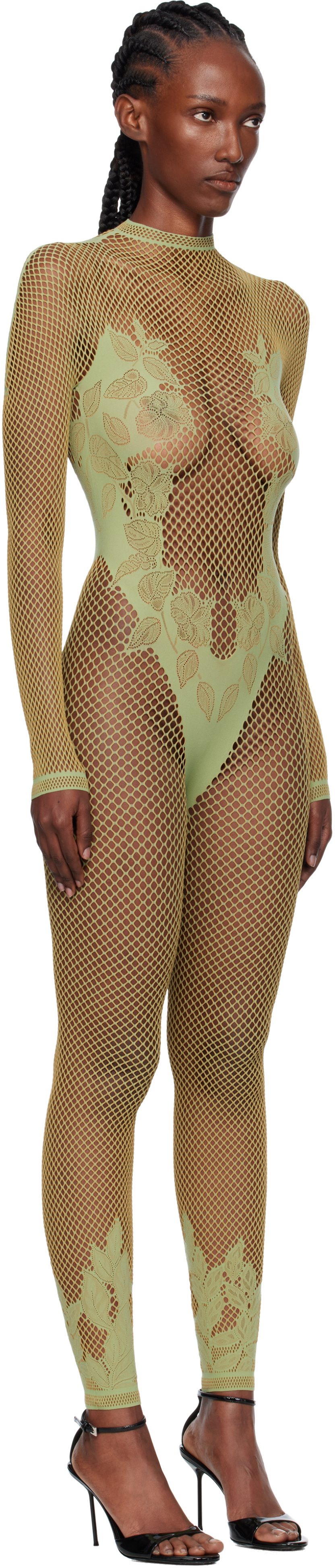 Poster Girl Green Leaves Fishnet Capri Jumpsuit