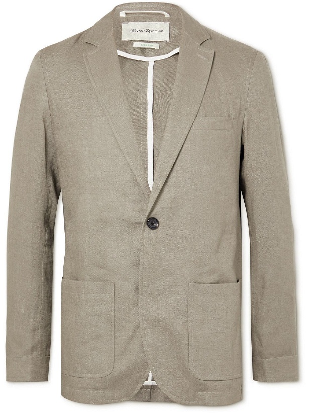 Photo: Oliver Spencer - Fairway Unstructured Linen Suit Jacket - Gray