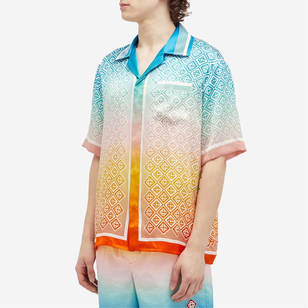 Casablanca Men's Diamond Monogram Short Sleeve Silk Shirt in Multi