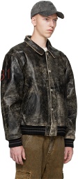 GUESS USA Black Distressed Leather Bomber Jacket