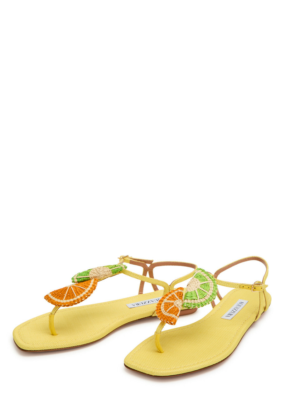Aquazzura Citrus Sugar Appliquéd Woven Raffia Sandals Yellow