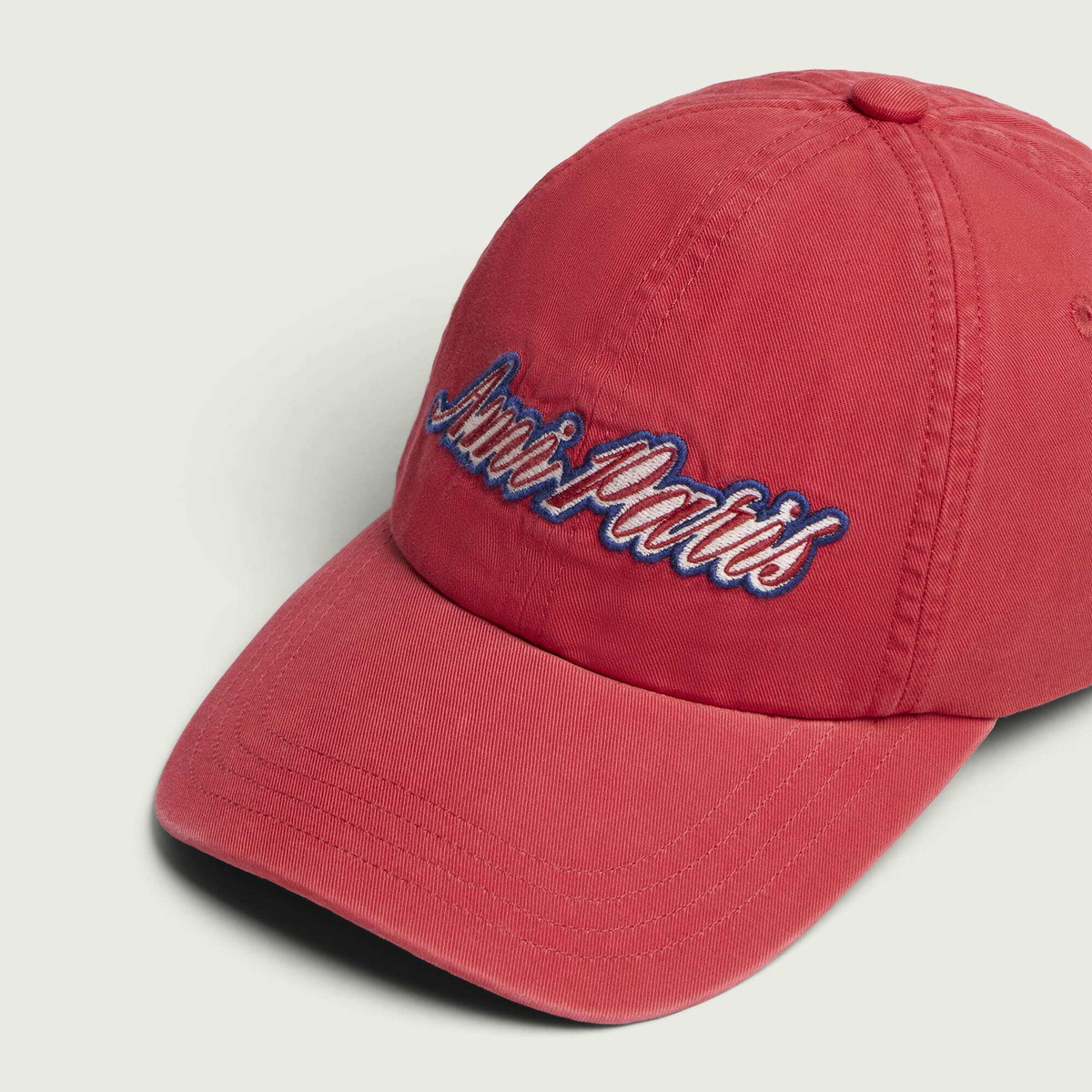 AMI Paris Men's Washed Cotton Embroidered Cap in Ruby Red Lava