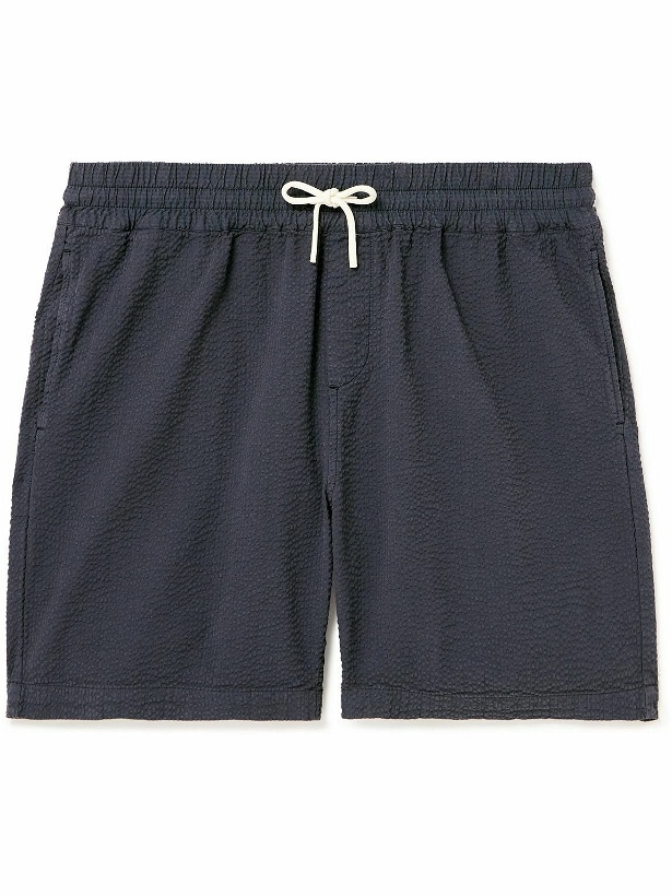 Photo: Portuguese Flannel - Atlantico Cotton-Seersucker Drawstring Shorts - Blue
