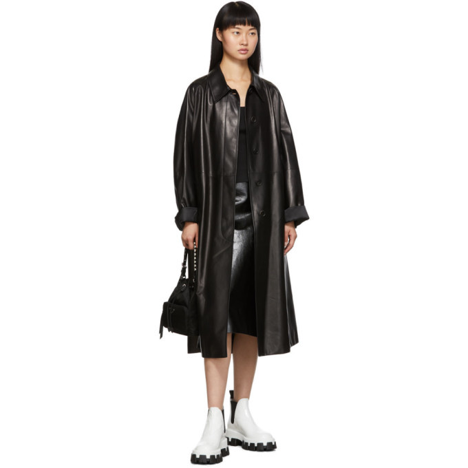 PRADA ブラック ロングコート 46R Prada Black Soft Leather A-Line Trench Coat Prada