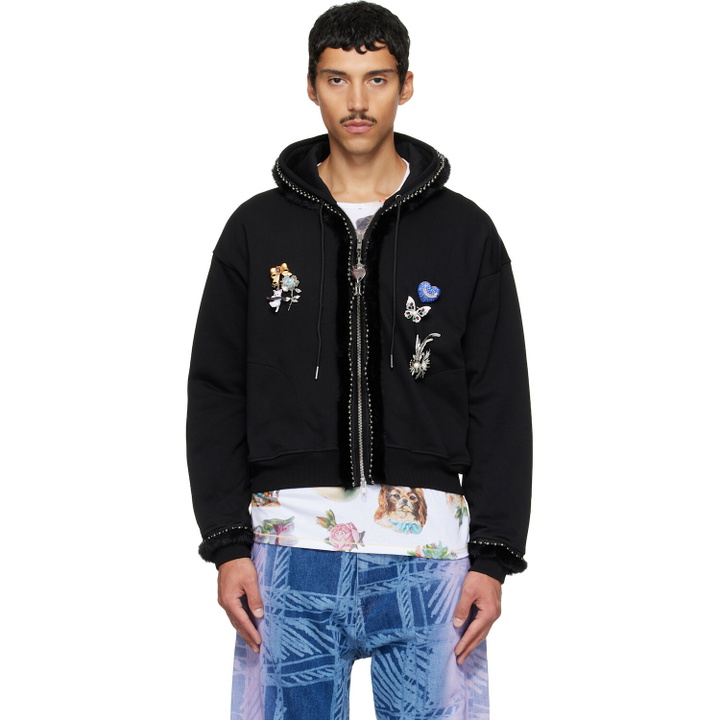 Photo: Chopova Lowena Black Fuzzy Pearl Zip Hoodie