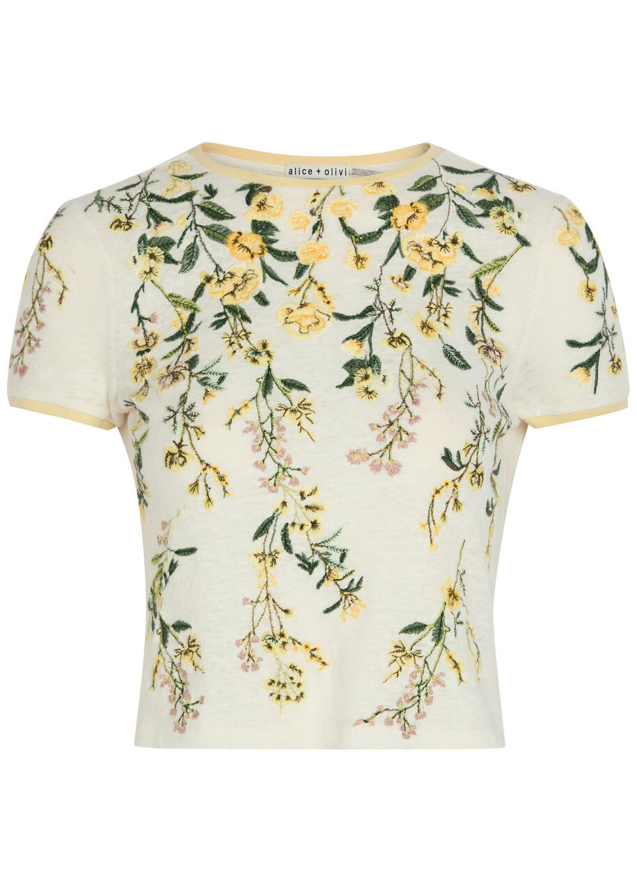 Alice + Olivia Cindy Floral-embroidered Linen T-shirt Multicoloured