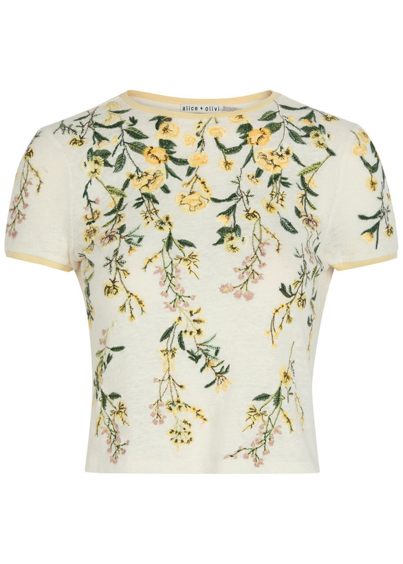 Photo: Alice + Olivia Cindy Floral-embroidered Linen T-shirt Multicoloured