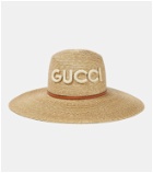 Gucci Leather-trimmed raffia sun hat