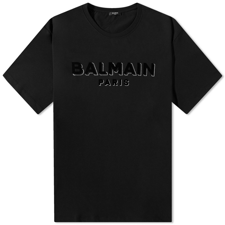Photo: Balmain Men's Flock & Foil Paris Logo T-Shirt in Black/Silver