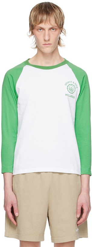 Photo: Sporty & Rich White & Green Emblem Baseball Long Sleeve T-Shirt
