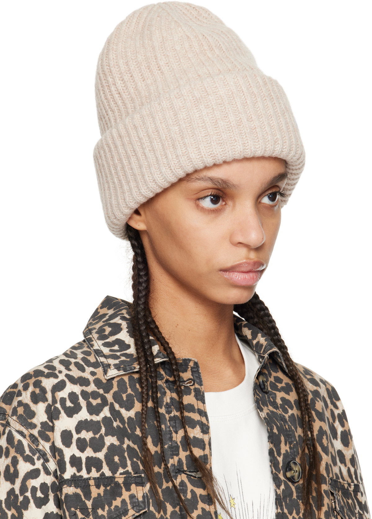 Ganni Ribbed Fold-Over Beanie in Beige Taupe GANNI Oversized Wool Rib Knit Beanie | endource main image 4