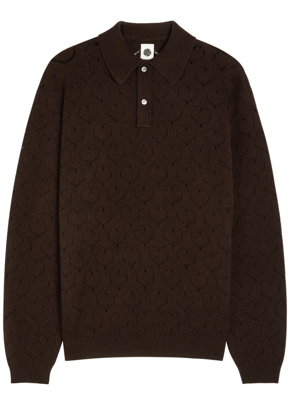 Photo: Vowels Pointelle-knit Wool Polo Jumper Brown