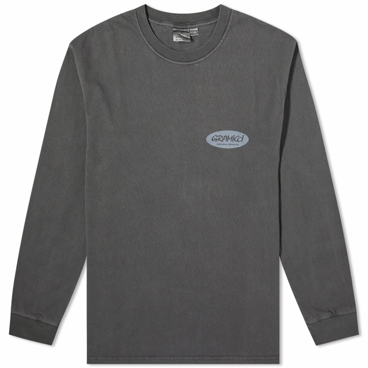 Photo: Gramicci Men's Long Sleeve Original Freedom Oval T-Shirt in Grey Pigment