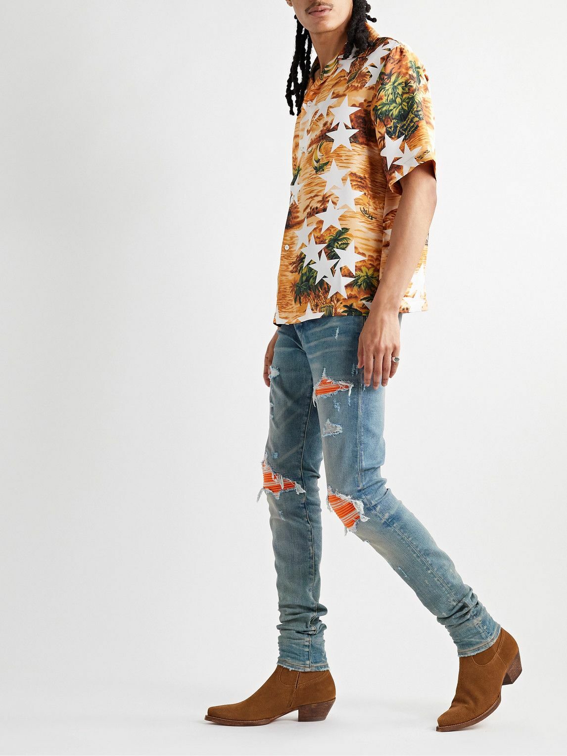 AMIRI - MX1 Skinny-Fit Ultrasuede®-Panelled Distressed Jeans - Blue