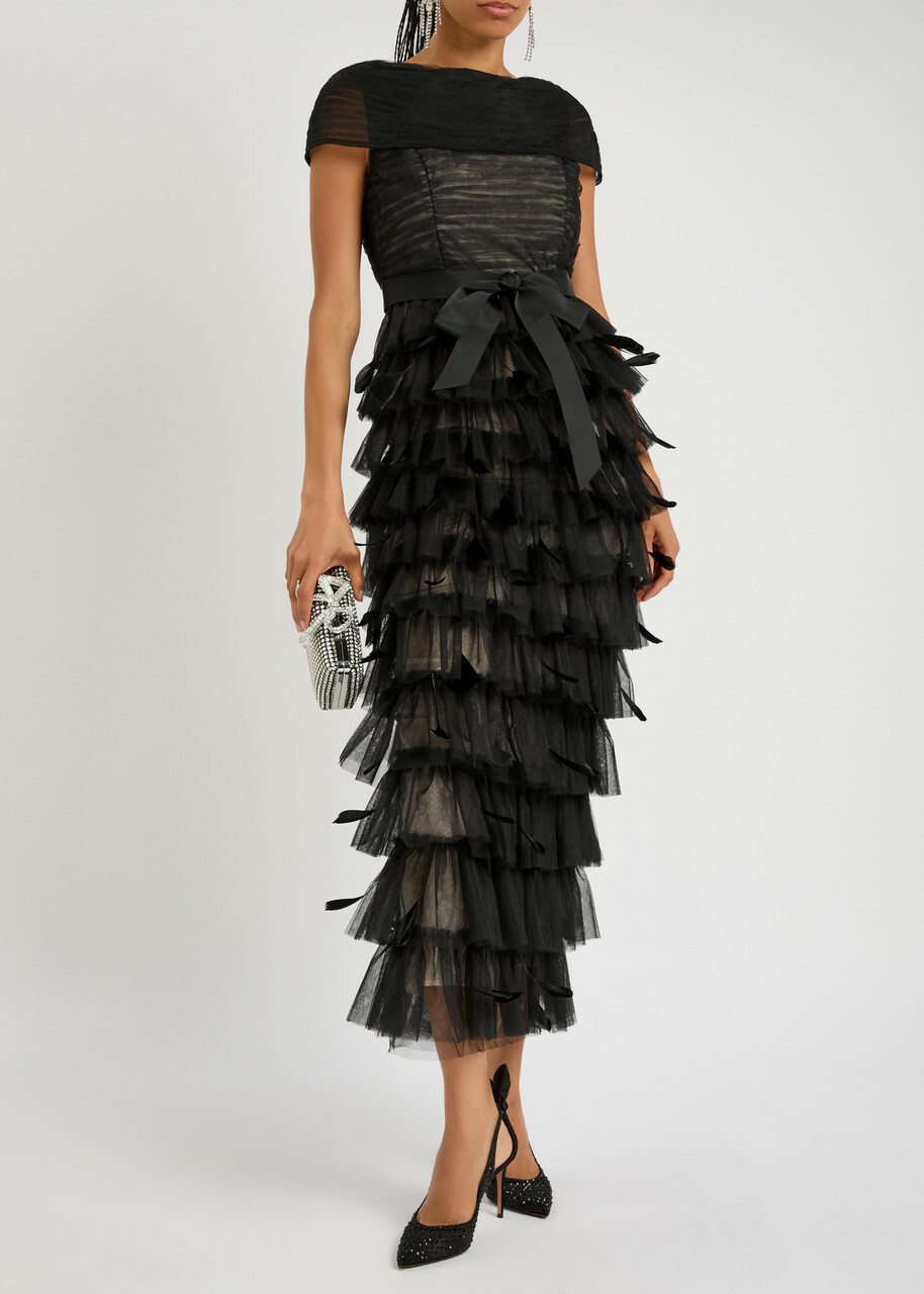 Huishan Zhang Michelle Feather-embellished Tulle Midi Dress Black