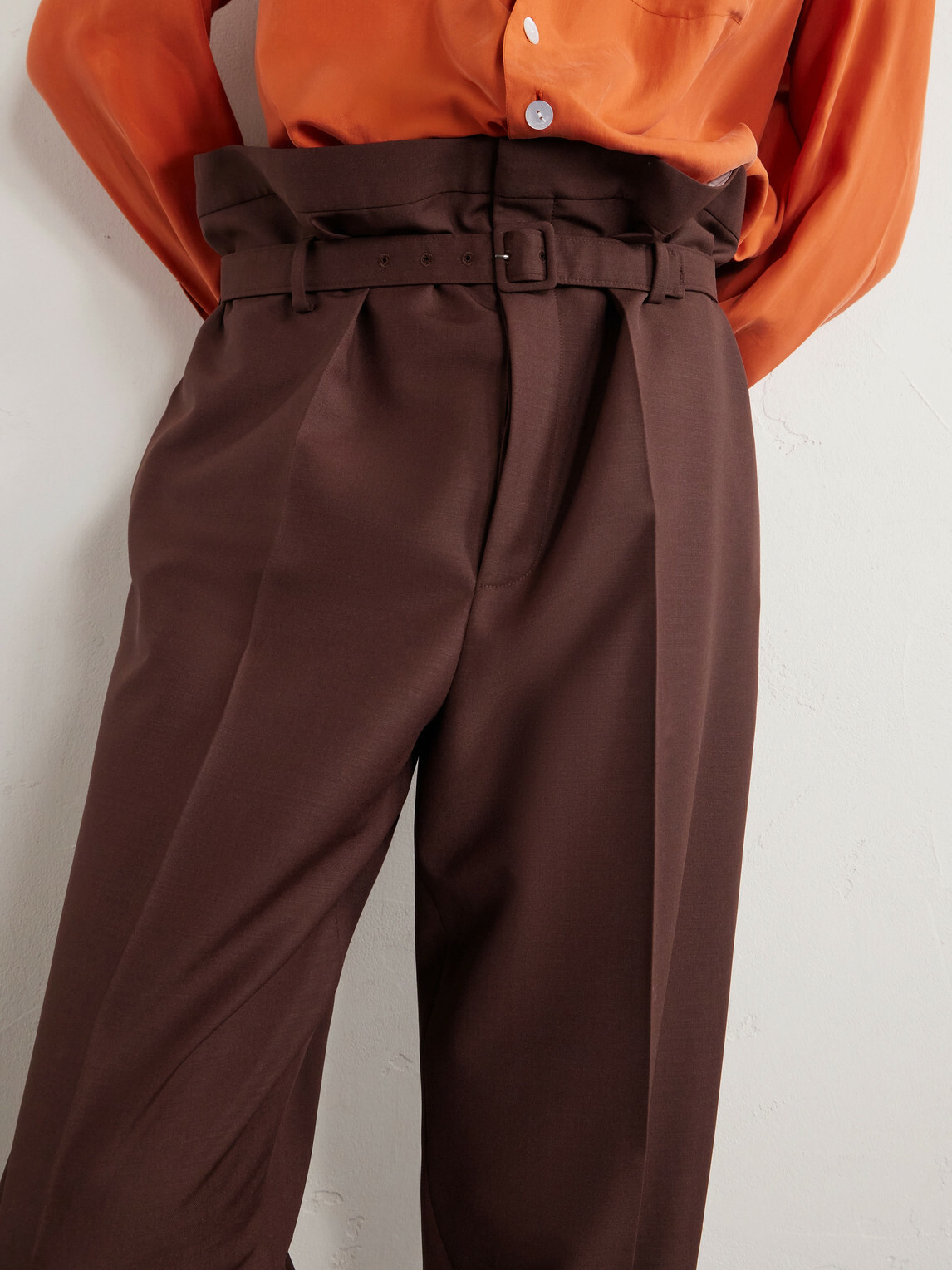 SAINT LAURENT - Tapered Belted Pleated Wool and Mohair-Blend Trousers - Brown