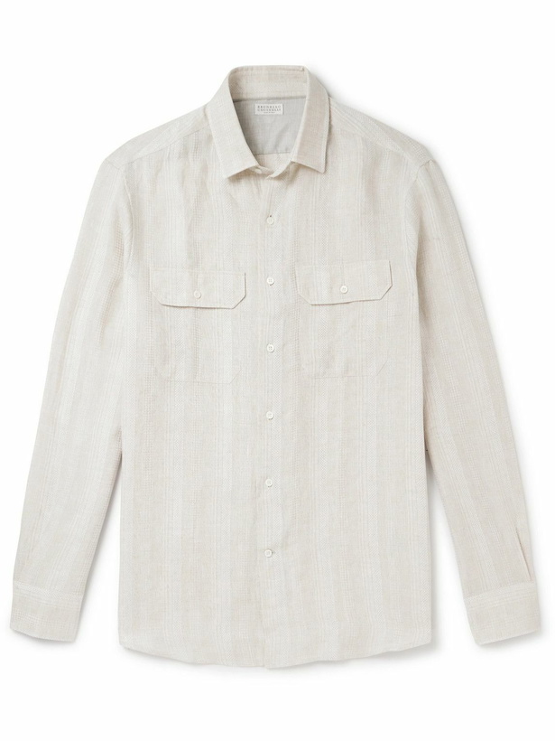 Photo: Brunello Cucinelli - Embroidered Striped Linen Shirt - Neutrals