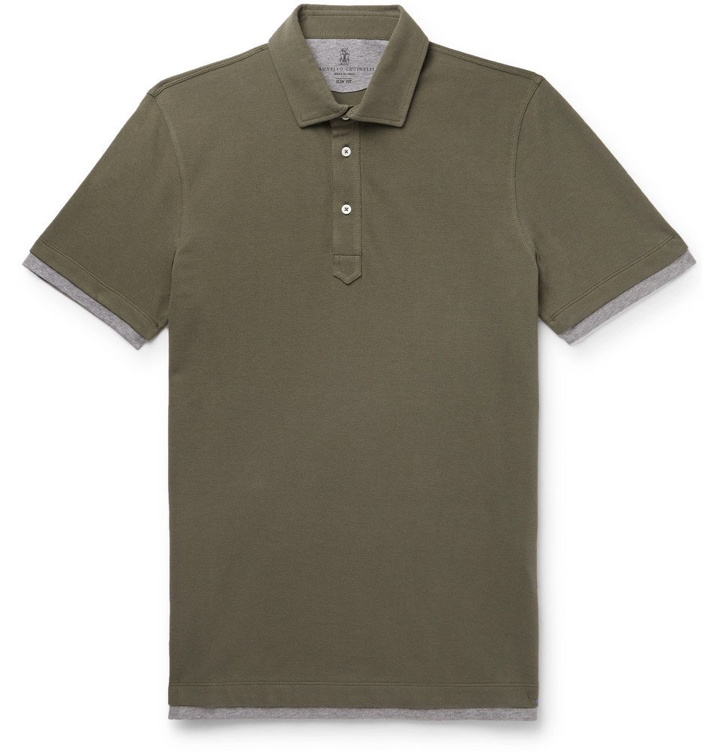 Photo: Brunello Cucinelli - Slim-Fit Layered Cotton-Piqué Polo Shirt - Green