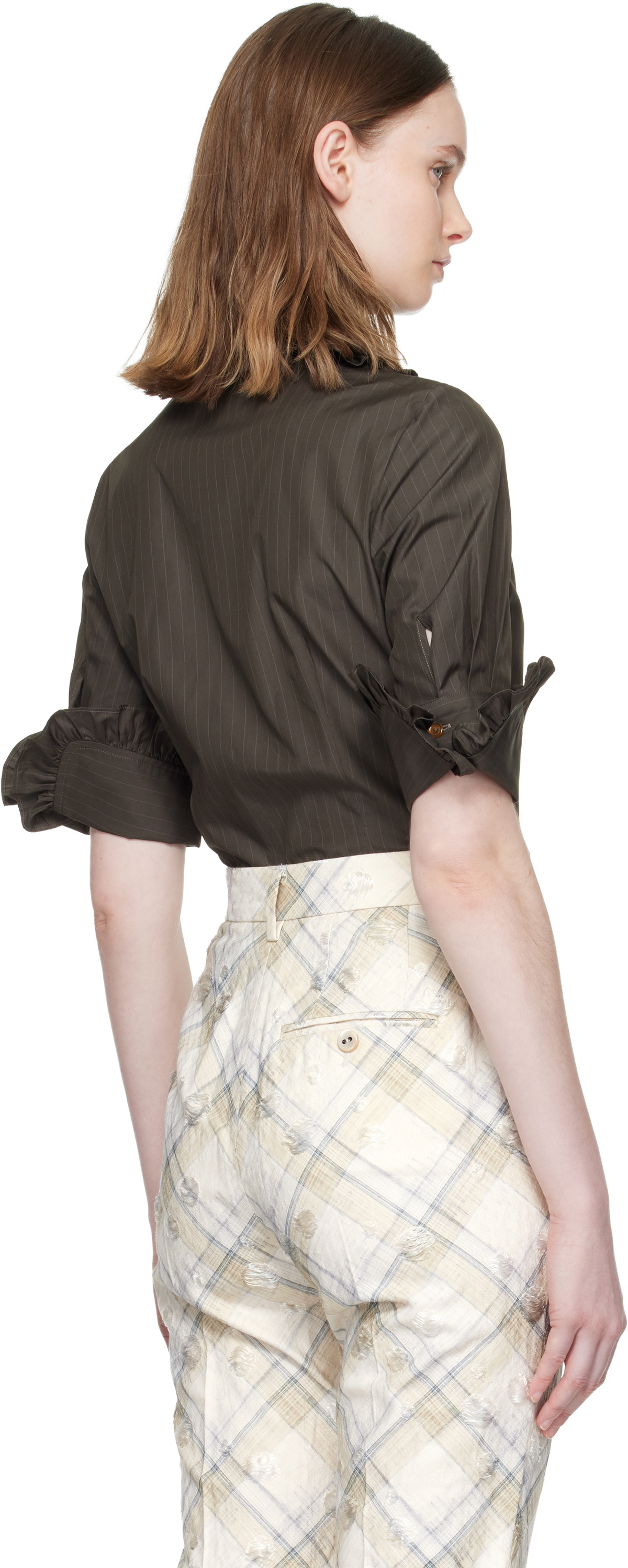 Vivienne Westwood Brown Pinstripe Shirting S/S Toulouse Frill Shirt