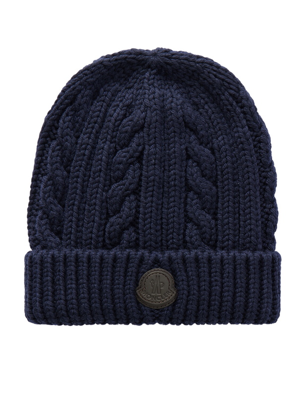 Photo: Moncler - Logo-Appliquéd Cable-Knit Virgin Wool Beanie - Blue