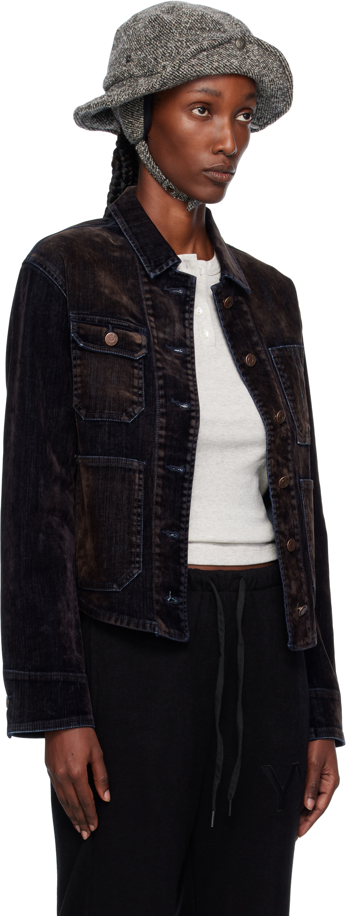 OPEN YY Black Velvet Denim Trucker Jacket