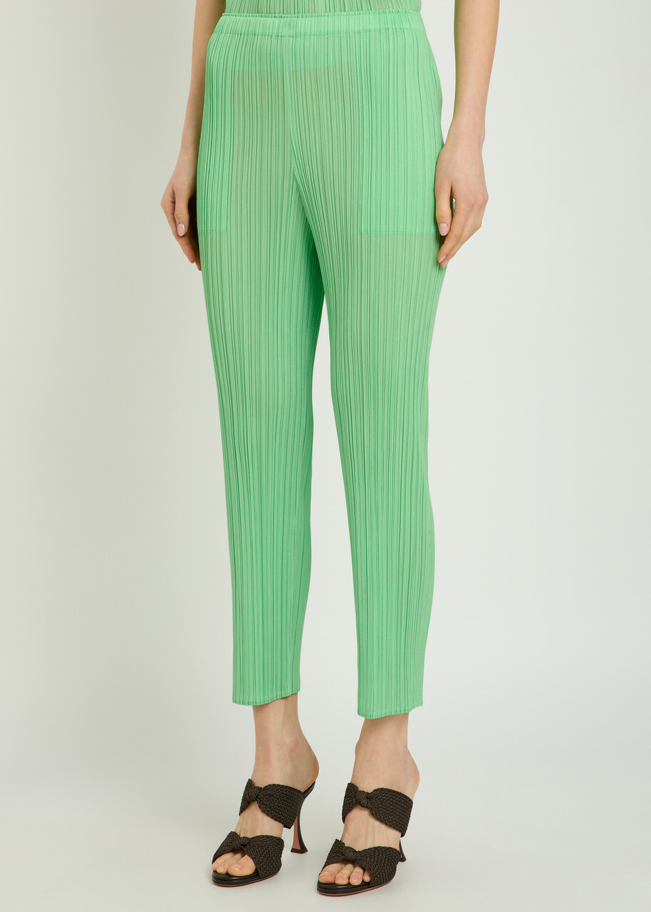 Pleats Please Issey Miyake Pleated Tapered-leg Woven Trousers Light Green
