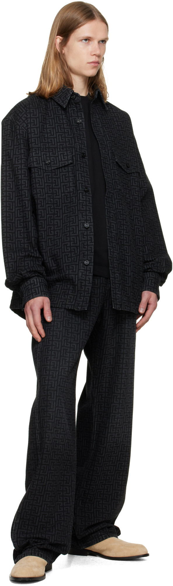 BALMAIN Black Monogram Denim Overshirt
