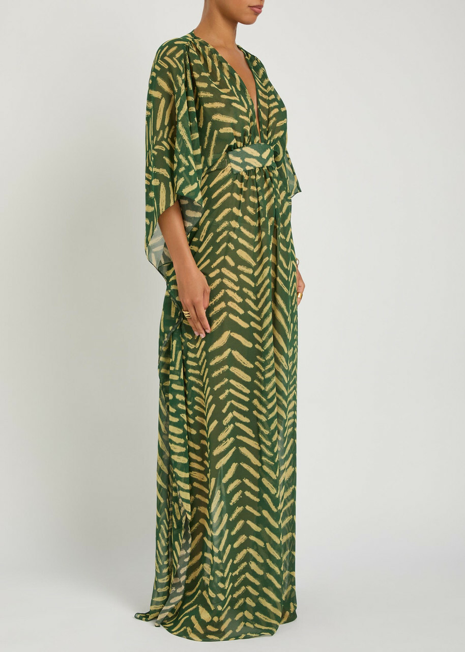 Johanna Ortiz Secret Garden Patterned Georgette Maxi Kaftan Dress Green