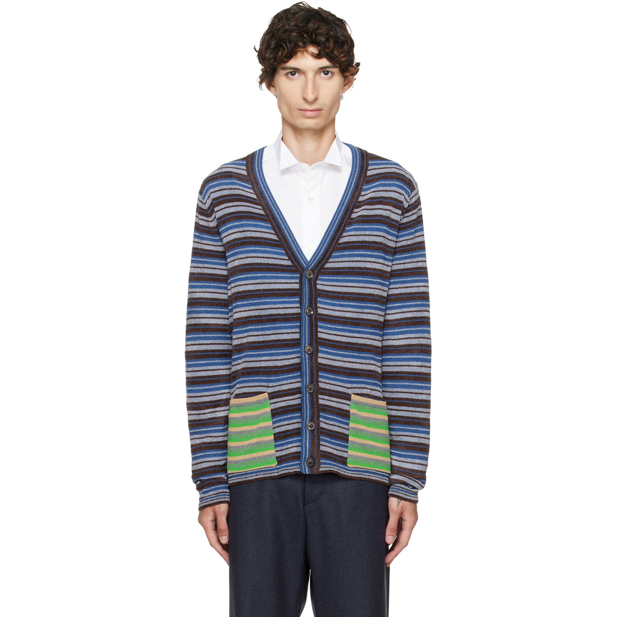 Maison Margiela Blue Striped Wool Cardigan