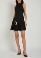 Balmain Belted Pleated Wool Mini Dress Black