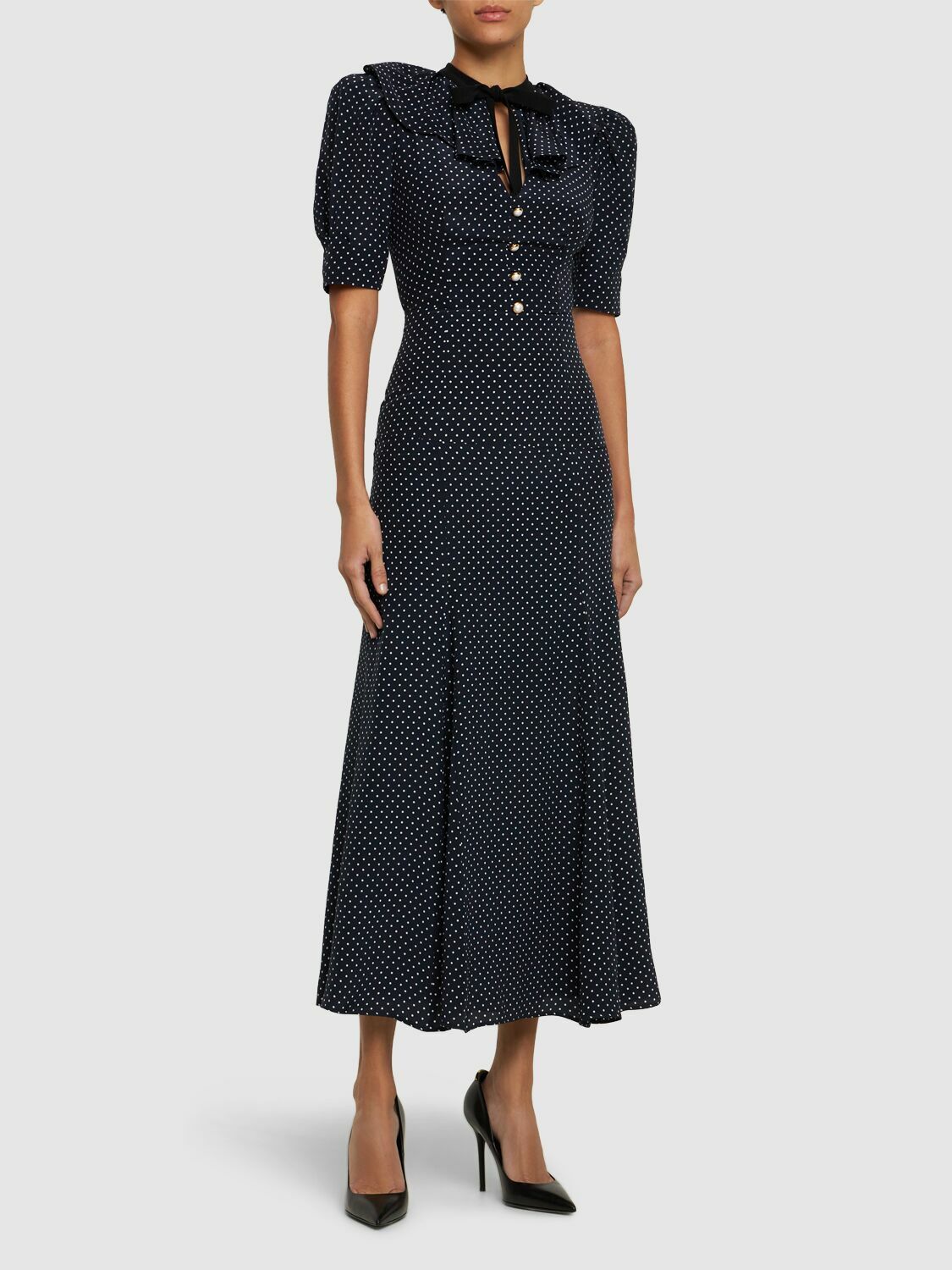 ALESSANDRA RICH - Polka Dot Silk Short Sleeve Long Dress