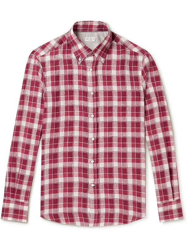 Photo: Brunello Cucinelli - Checked Linen and Cotton-Blend Shirt - Red