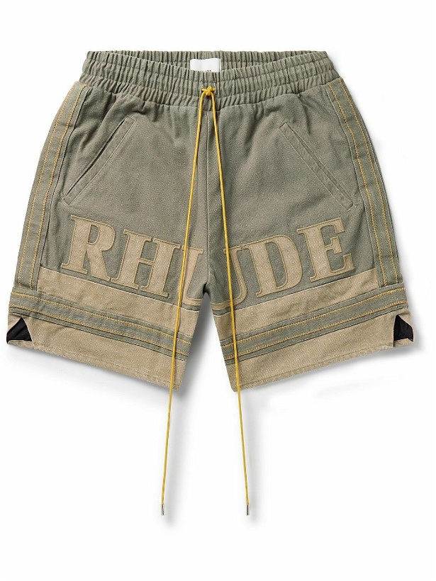 Photo: Rhude - Straight-Leg Logo-Appliquéd Striped Cotton-Canvas Drawstring Shorts - Green