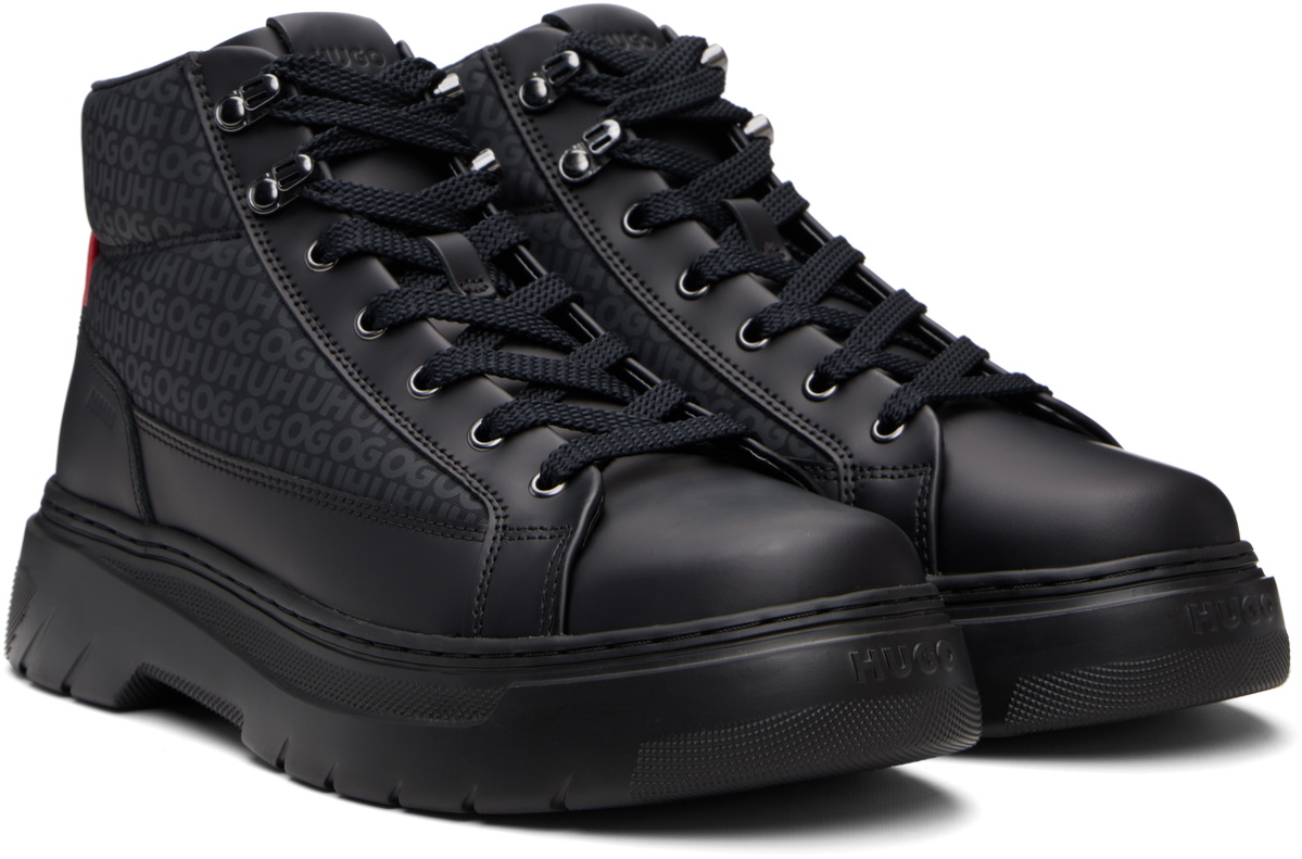 Hugo Black Printed-Logo Faux-Leather Boots