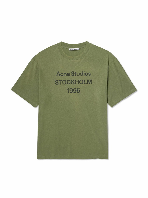 Photo: Acne Studios - Exford Distressed Logo-Print Cotton-Jersey T-Shirt - Green