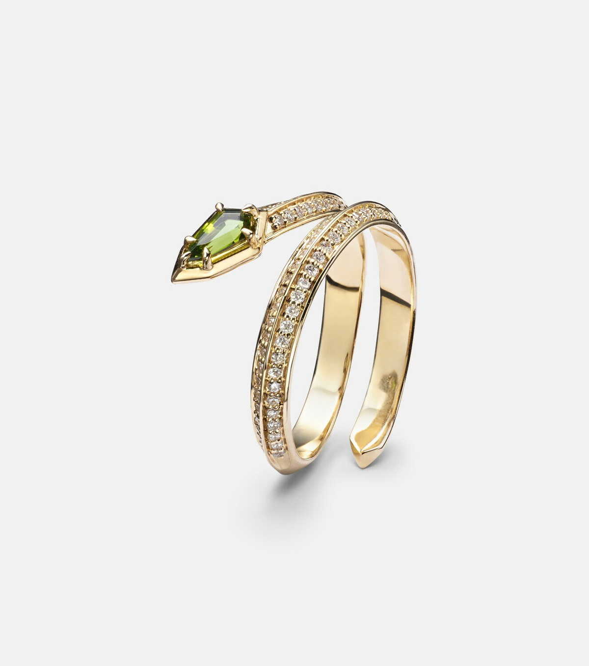 Stone and Strand Shield Serpent 14kt gold ring with diamonds and green tourmaline