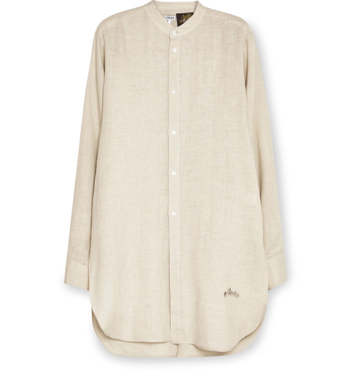Photo: Loewe - Paula's Ibiza Grandad-Collar Logo-Embroidered Linen and Cotton-Blend Shirt - Neutrals