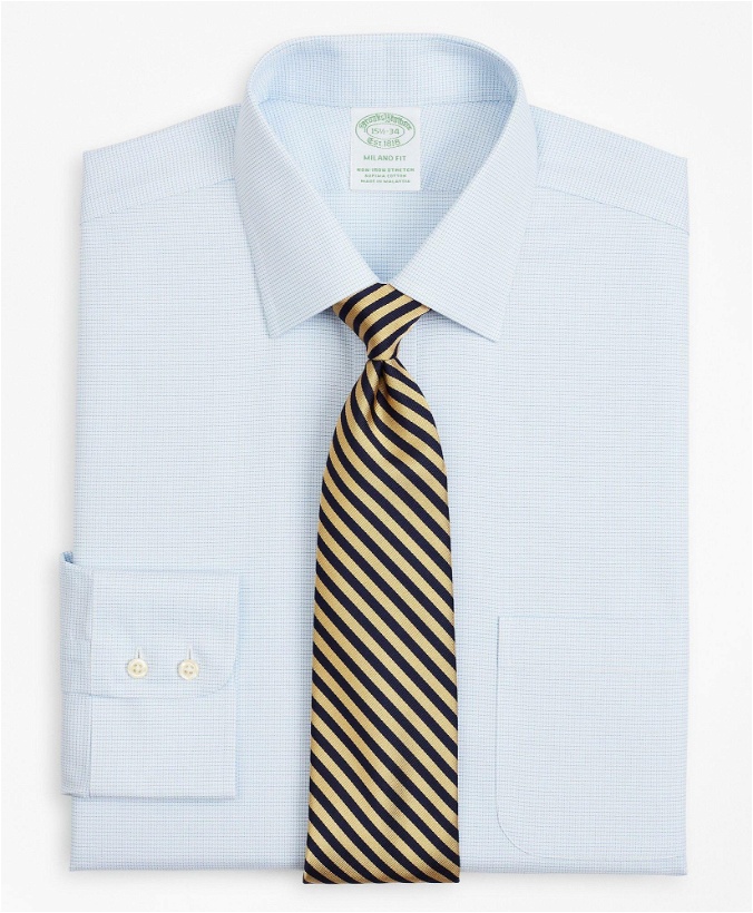 Photo: Brooks Brothers Men's Stretch Milano Slim-Fit Dress Shirt, Non-Iron Twill Ainsley Collar Micro-Check | Light Blue